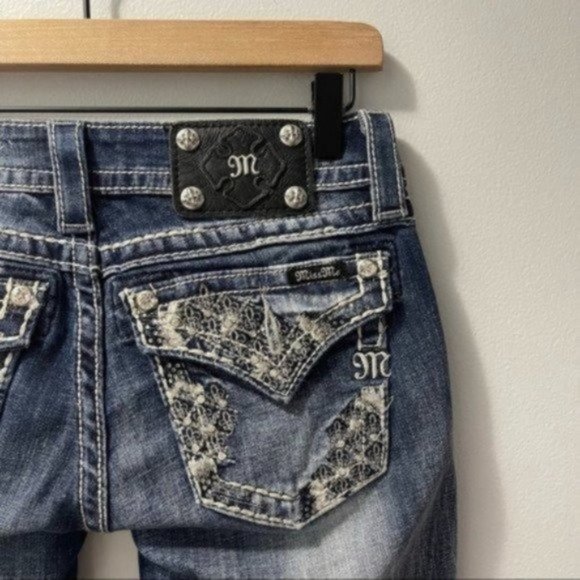 Miss Me Rhinestone Signature Cuffed Distressed Western Jean Capris Embellished - Picture 6 of 9